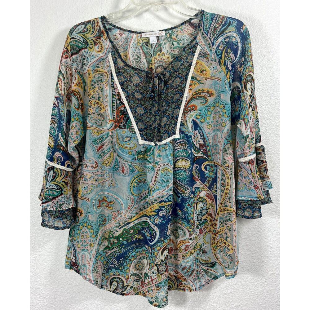 Westport 1962 Womens Blouse Boho Peasant Festival Paisley Blue Size M Tunic
